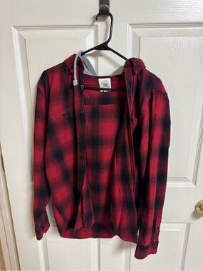 True Craft Red and Black Plaid Hooded Shirt Jacket